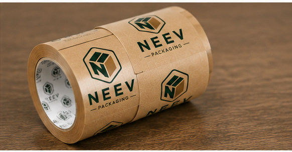 Roll of custom-printed Neev Packaging BOPP tape with logo